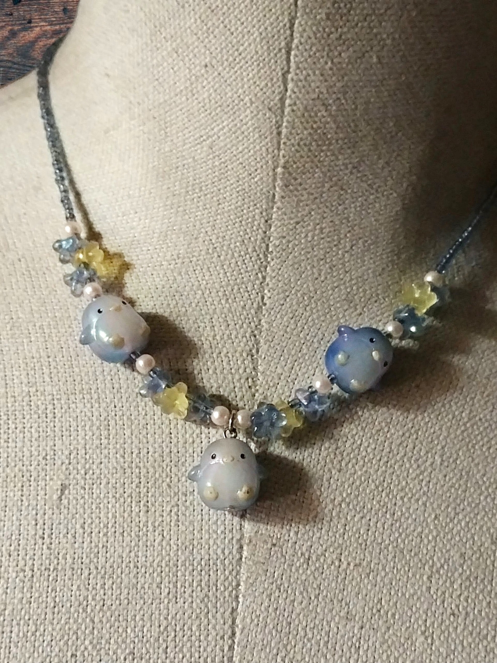 Whimsical Blue & Yellow Glass Penguin Necklace